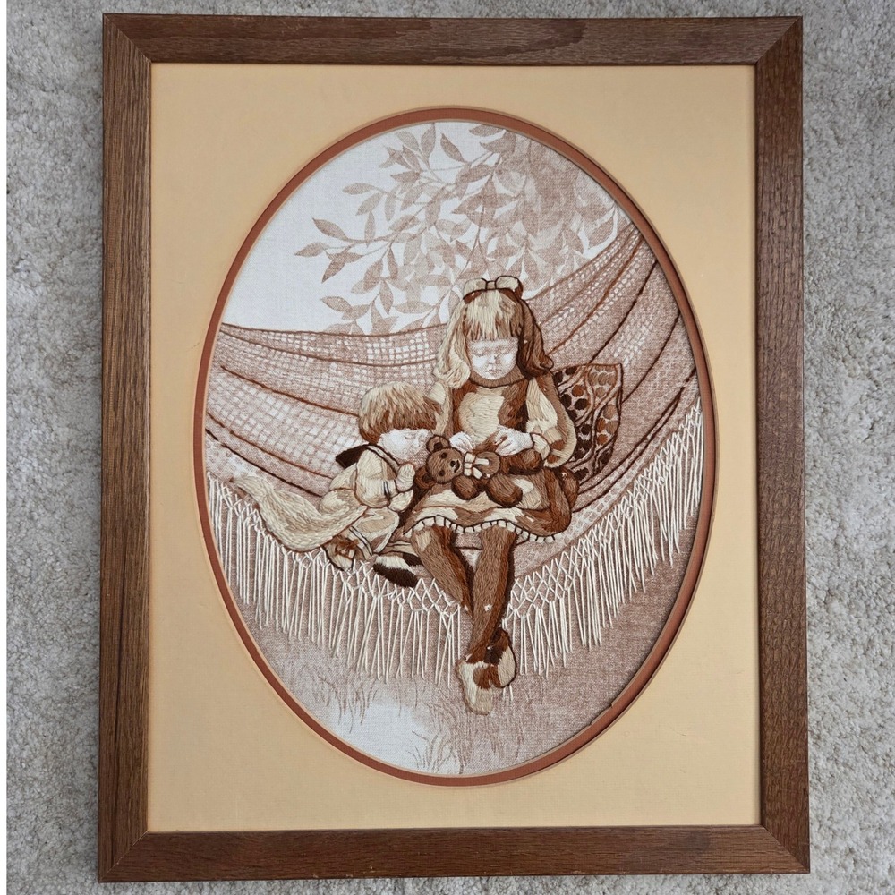 Vintage Crewel‎ Embroidery Framed Art Children in Hammock Teddy Bear Cottagecore